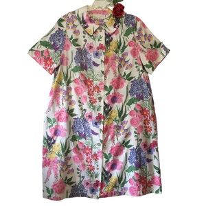Vtg floral robe pink white yellow green short sleeves buttons BARBIZON S…